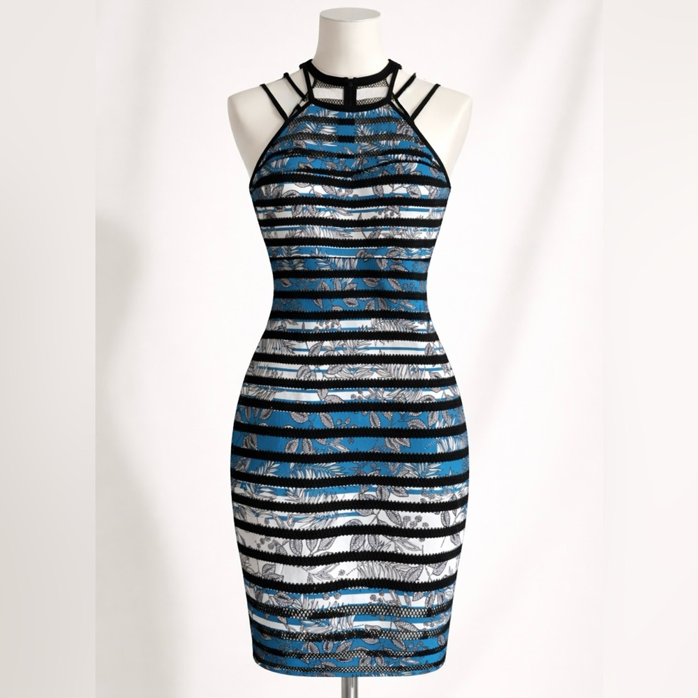 GUESS blue & black striped bodycon midi dress